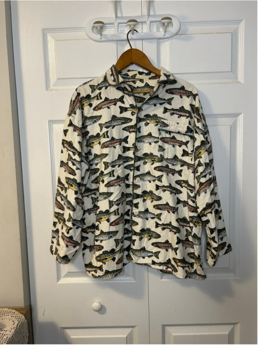 Handmade Women’s Fish Print Flannel Pajama Set Button-Up Top Pants XL